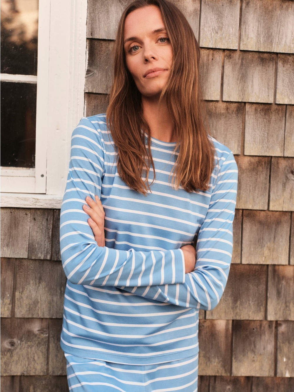 Lake Blue and White Pima Cotton Ling Sleeve—Size Medium